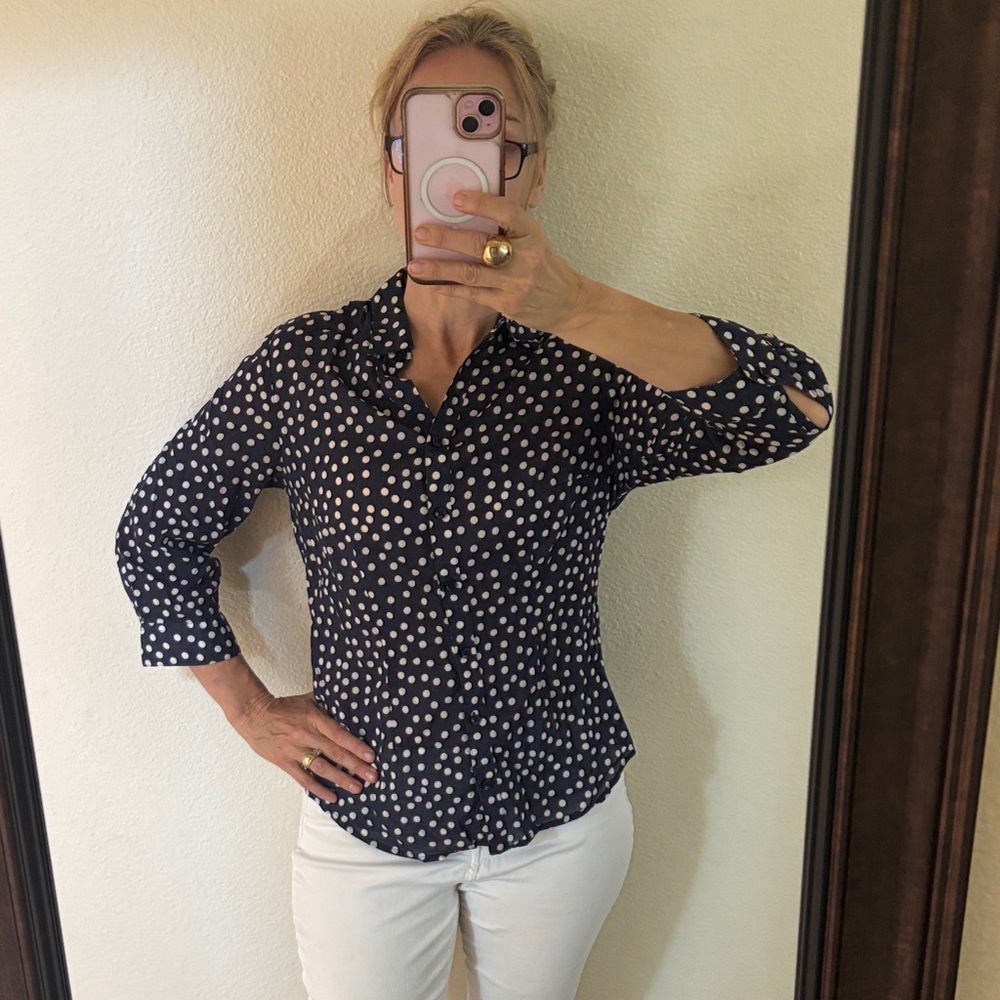 Coldwater Creek Navy & White Polka Dot Button-Front Shirt
